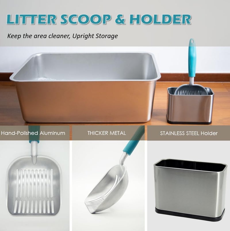 Vitisyao Metal Heavy Duty Cat Litter Scoop with Holder, Stainless Steel Kitty Litter Scooper Caddy for Litter Box, Aluminum Speed Sifter with Non-Slip Handle - Image 4